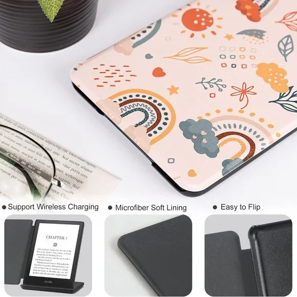 PU Leather with Auto Sleep Wake cover, Protective Case for Kindle Basic Rainbow - Picture 5 of 6